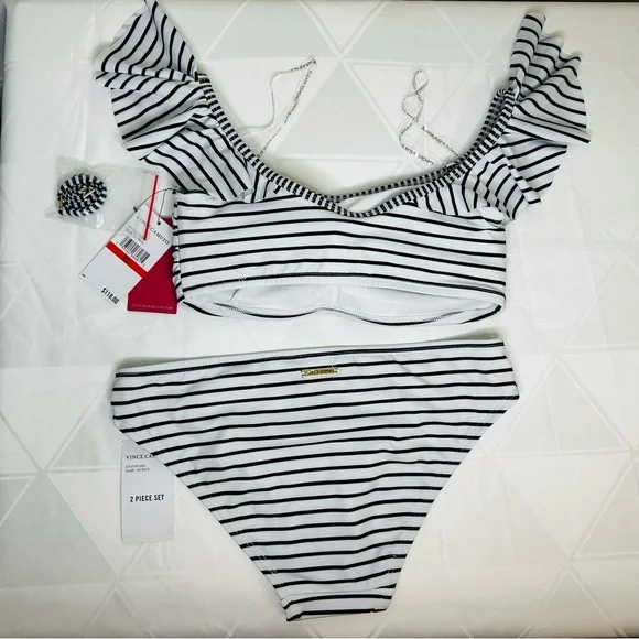 Vince Camuto  2 Pice White and Black Swimsuit  Stripe Bikini Size XS New - Picture 3 of 9